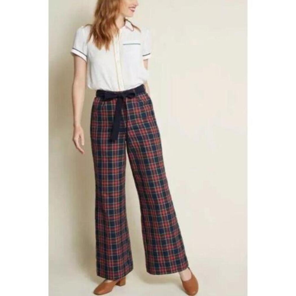 ModCloth Savannah Plaid Wide Leg Red Blue Pants Trousers Size Medium No Belt